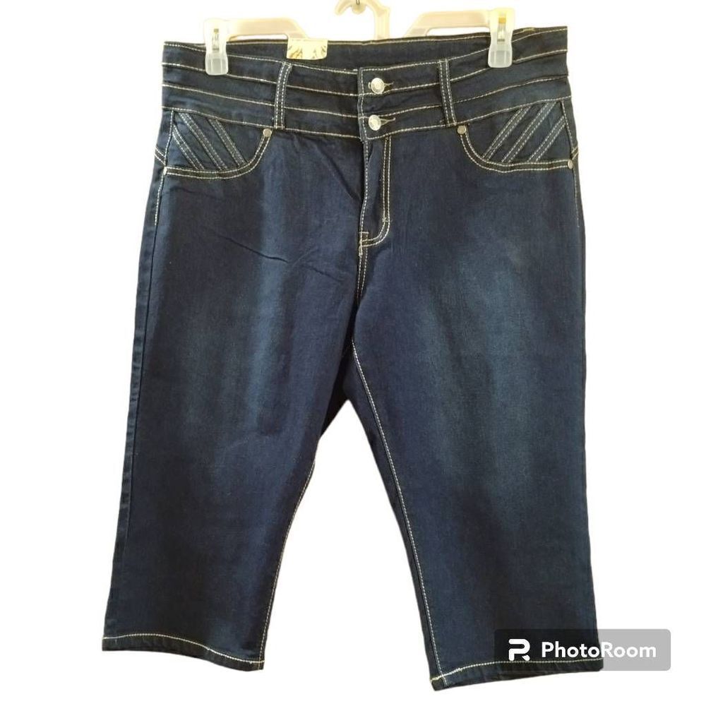 NWT Saza Denim Long Bermuda Jean Shorts Rhinestone Pockets Dark Blue Sz 20